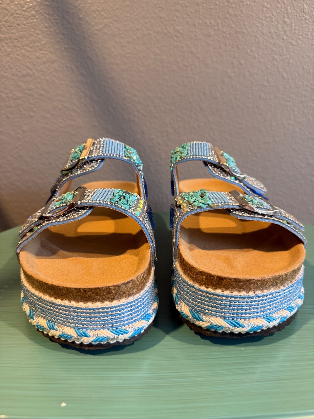 Boutique Sz 9.5 Bedazzled Beaded Blue Platform Slide Sandals Buckle Straps | EUC - Picture 7 of 11